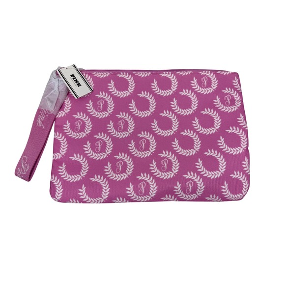 Victoria's Secret Pink Handbags - NWT VS Pink Cosmetic Pouch Bag Pink White Laurel Monogram Zipper Clutch